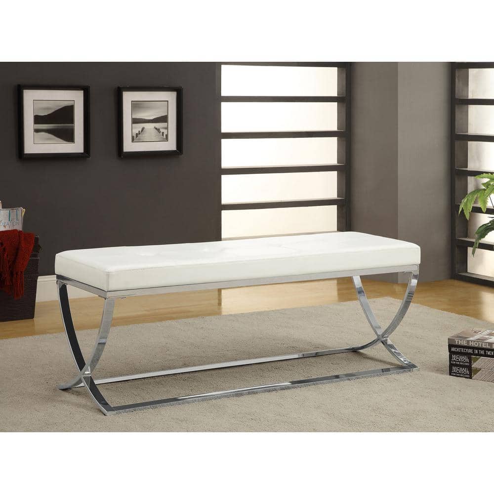 Beige Faux Leather Tufted Bedroom Bench with Chrome Frame