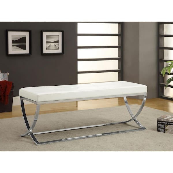 Coaster Walton White and Chrome Dining Bench Backless with Metal Base 48 in. W