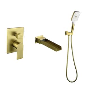 Single-Handle Wall Mount Roman Tub Faucet with Hand Shower and Waterfall in Brushed Gold