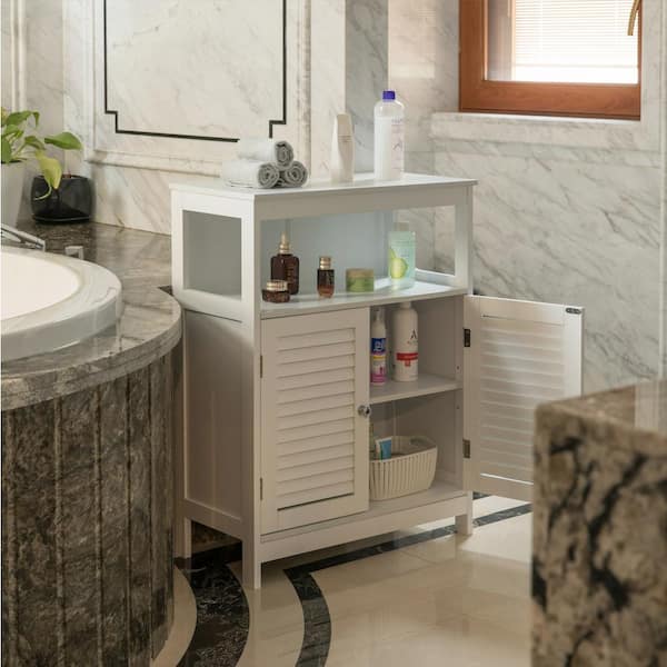 Basicwise Wooden White Modern Storage Bathroom Vanity Cabinet With Adjustable Shelves And Two Horizontal Planks Design Doors Qi004027wt - Bathroom Vanity Cabinet Shelves