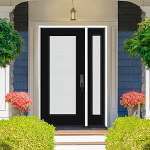 Legacy 51 in. x 80 in. Full Lite Rain Glass RHOS Primed Black Finish Fiberglass Prehung Front Door w/12in.SL