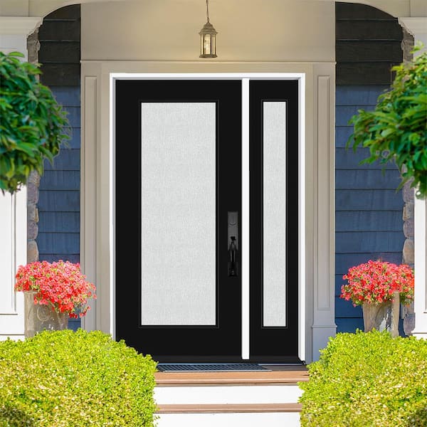 Legacy 53 in. x 80 in. Full Lite Rain Glass LHIS Primed Black Finish Fiberglass Prehung Front Door with 14 in. SL