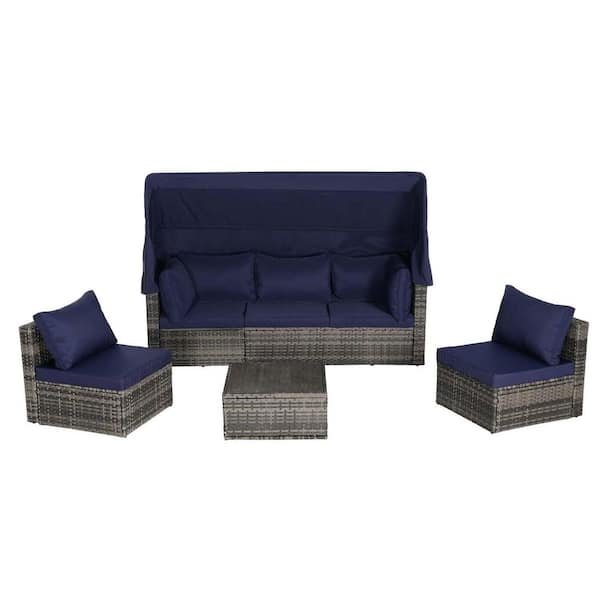 Unbranded 5-Piece Wicker Patio Conversation Set with Dark Blue Cushions, Wicker Sofa Furniture Set for Lawn Garden Backyard Pool