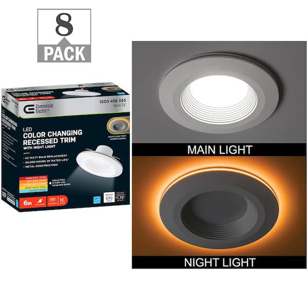 Commercial Electric 6 in. Adjustable CCT Integrated LED Recessed Light Trim with Night Light 670 Lumens Dimmable Kitchen Bathroom (8-Pack)