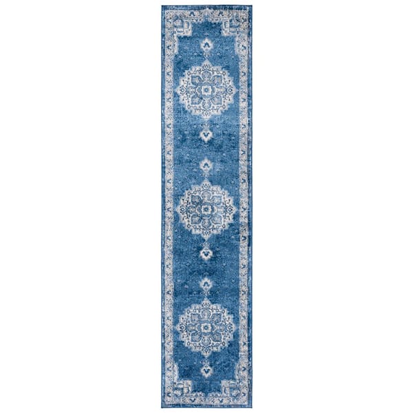 Brentwood 2 ft. x 9 ft. Ivory/Navy Ornate Medallion Runner Rug