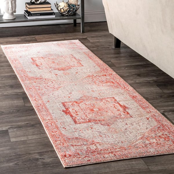 Coral and Grey Entryway Rug with Fringe