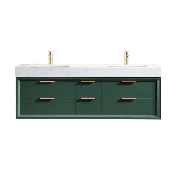 Unbranded 60 in. W x 21 in. D x 21 in. H Floating Bath Vanity in Green with White Engineer Stone Top