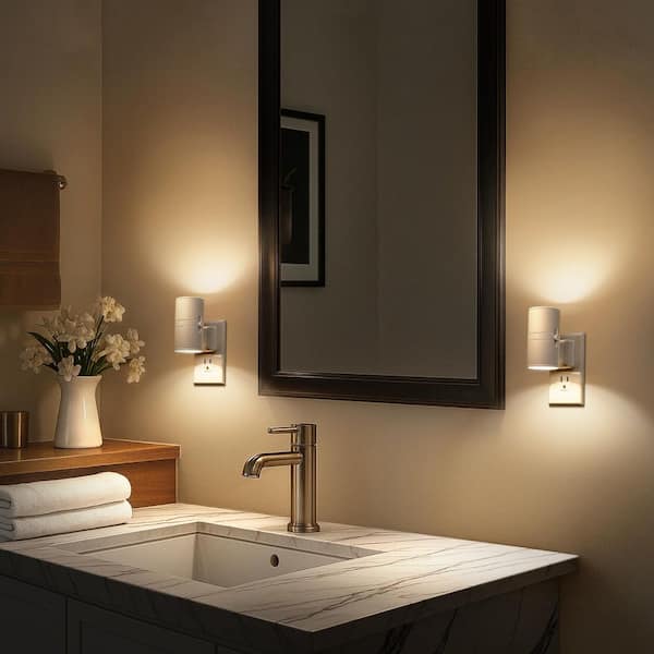 1-Light Modern White Cylinder Plug-In Night Light with Dusk to Dawn Sensor - Dimmable 3000K for Hallway Bedroom (6-Pack)