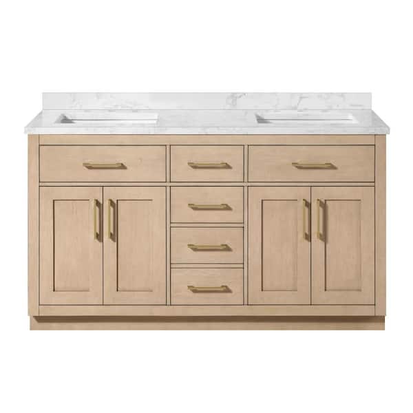 Athea 60 in. Freestanding Sahara Birch Bath Vanity with White Engineered Marble Top, Power Bar and Brushed Gold Hardware