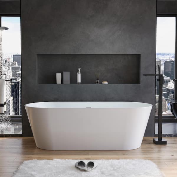 ANGELES HOME 67 in. Acrylic Flatbottom Freestanding Soaking Bathtub in Glossy White Overflow and Pop-Up Drain