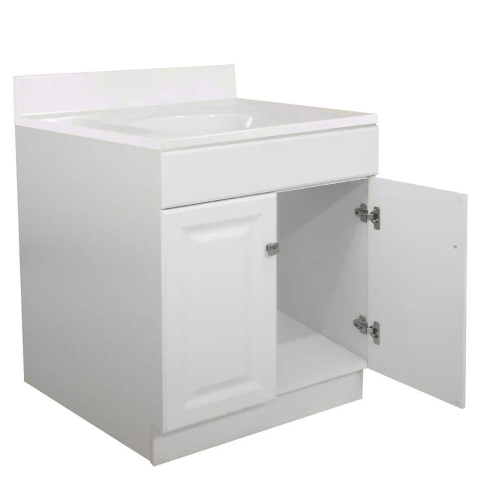 White Cultured Marble Freestanding Bathroom Vanity with Satin Nickel Knobs