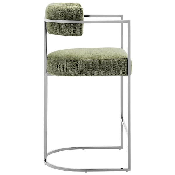 Huron Modern Barrel Counter Stool with Sled Base in Silver Leaf - Fabric Upholstered Curved Back Stool with Metal Frame