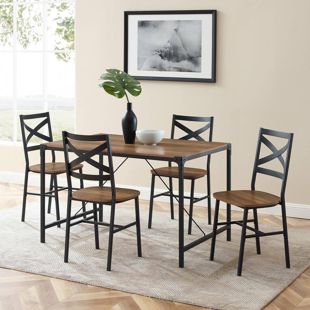 Welwick Designs 5-Piece Reclaimed Barnwood Angle Iron Dining Set with X ...