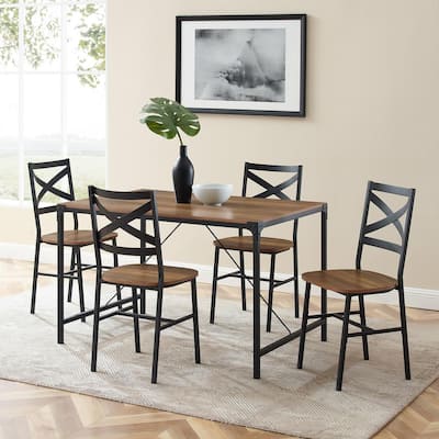 5-Piece Reclaimed Barnwood Angle Iron Dining Set with X-Back Chairs