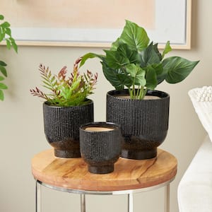 9 in., 8 in. and 6 in. Small Black Ceramic Speckled Planter with Linear Grooves and Tapered Bases (3-Pack)