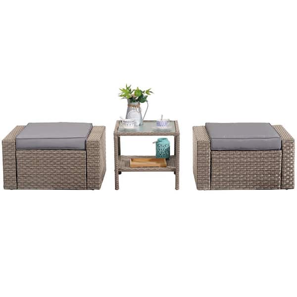 Anvil Brown Wicker Outdoor Ottomans Patio Conversation Sets with Gray Cushions and Glass Coffee Table (2-Pack)