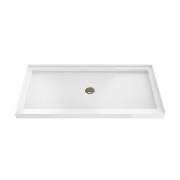 SlimLine 54 in. L x 36 in. W Alcove Rectangular White Shower Pan Base with 2 in. Round Center Drain in Brushed Brass