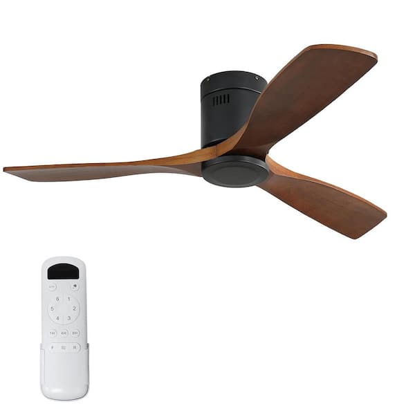 52 in. Indoor/Outdoor Flush Mount Ceiling Fan Solid Wood Fan Blades Matte Black Ceiling Fan with 6-Speed Remote Control