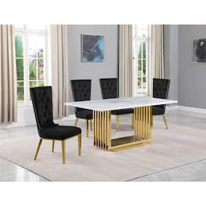 Lisa 5-Piece Rectangular White Marble Top Gold Chrome Base Dining Set with Black Velvet Chairs Seats 4