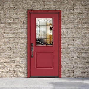 Performance Door System 36 in. x 80 in. 1/2 Lite Sequence Right-Hand Inswing Red Smooth Fiberglass Prehung Front Door