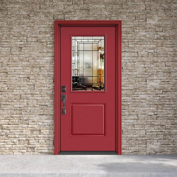 Performance Door System 36 in. x 80 in. 1/2 Lite Sequence Right-Hand Inswing Red Smooth Fiberglass Prehung Front Door