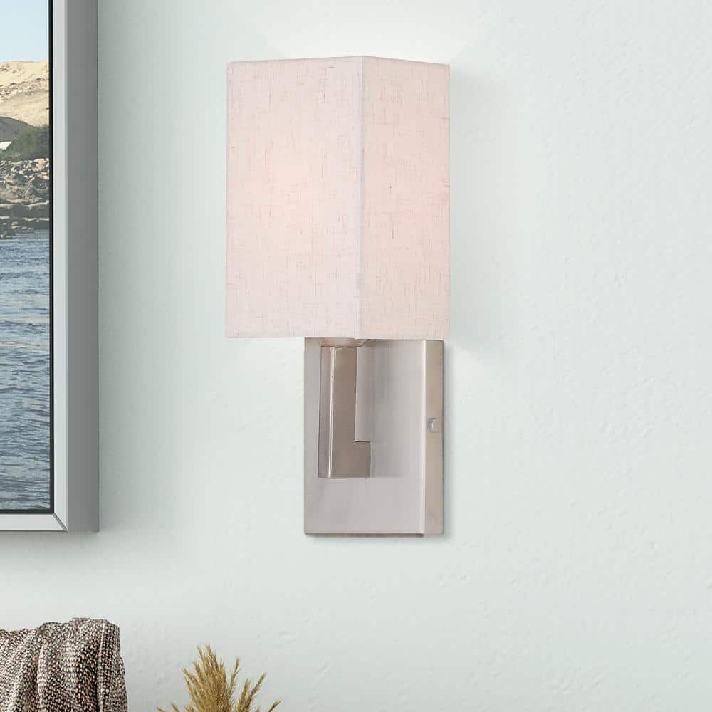 Meridian Brushed Nickel Dimmable 1-Light Wall Sconce with Oatmeal Shade