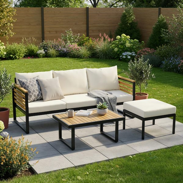 3-piece Acacia Wood and Metal outdoor Patio Sofa Set with White Cushions