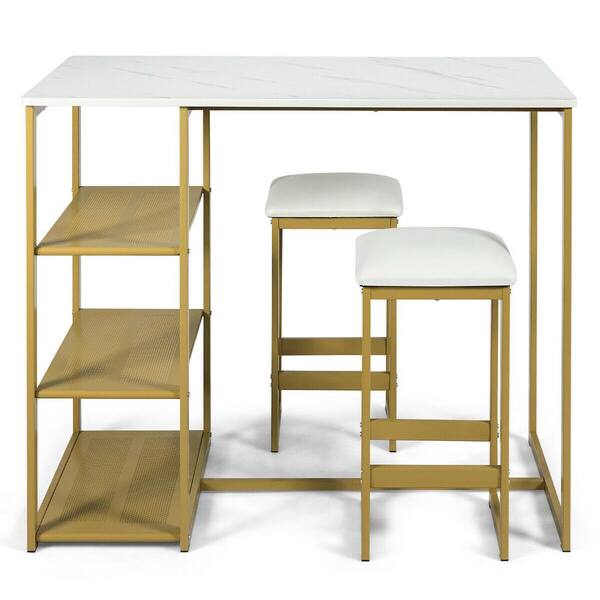 Gymax 3 Piece Pub Set With Faux Marble Top Gold Bar Table And 2 Stools Dining Industrial Gym03385 Gold Bar Table And 2 Stools Dining Set, Gold Bar Table And Stools