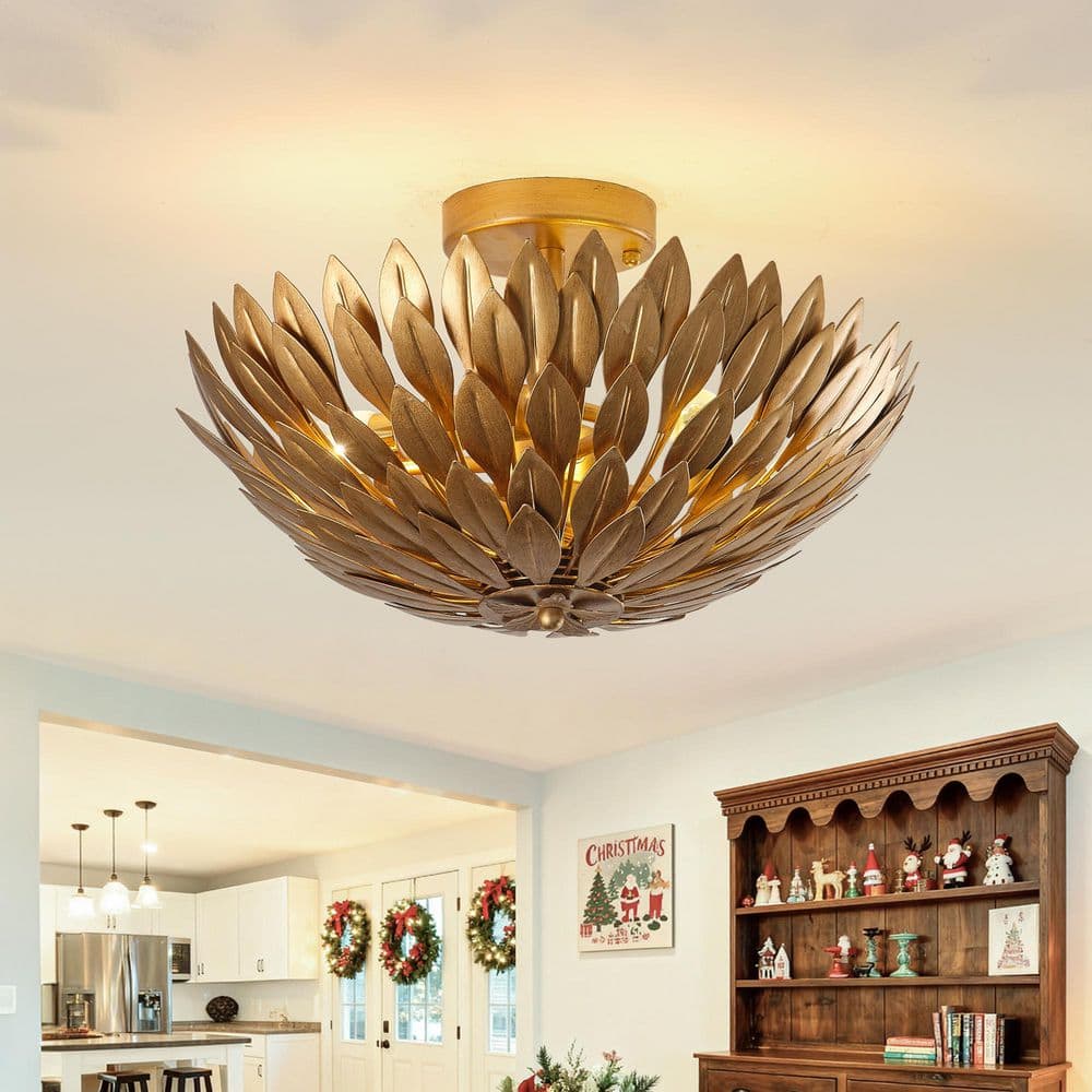 15.75 in. 3-Light Antique Gold Semi-Flush Mount Ceiling Light with Layers of Leaves Shade price history on PriceWatchPro