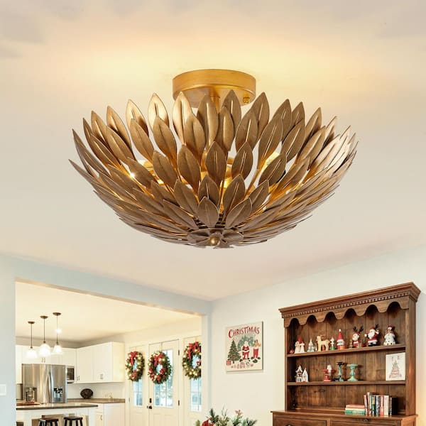 15.75 in. 3-Light Antique Gold Semi-Flush Mount Ceiling Light with Layers of Leaves Shade