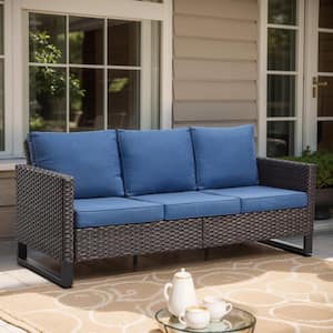 U-Weave Metal and Brown Wicker Outdoor 3-Seat Sectional Couch Sofa with Olefin Navy Blue Cushions