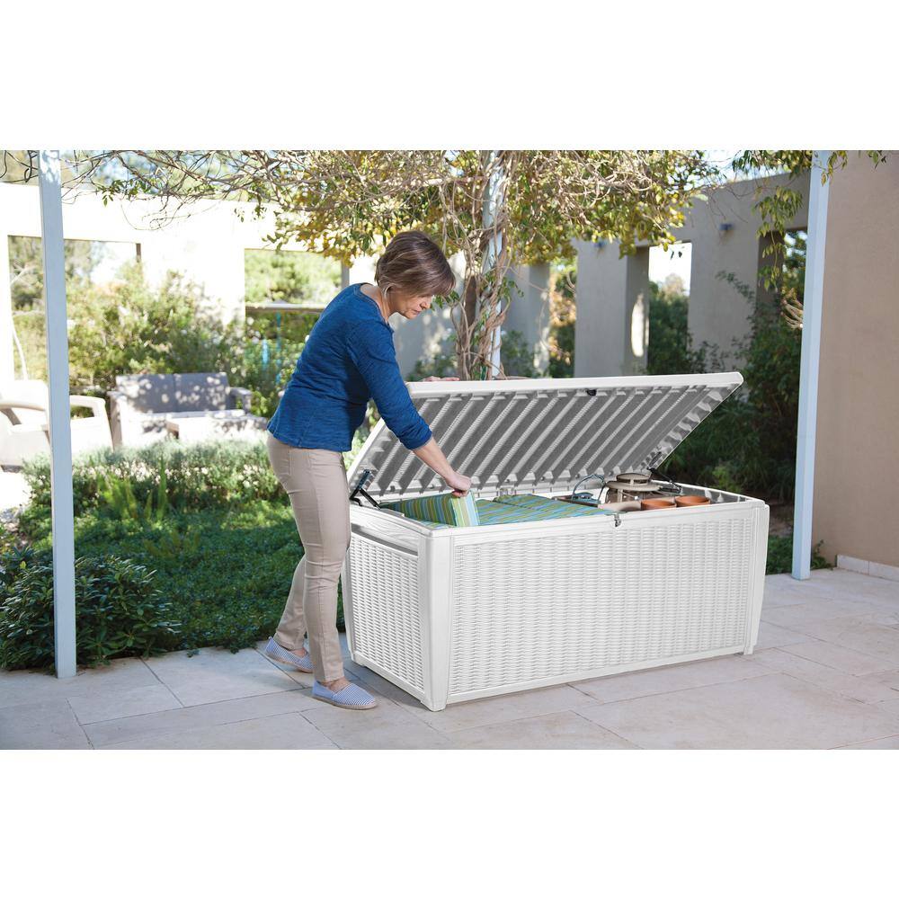 White Large Resin Wicker Lockable Deck Box