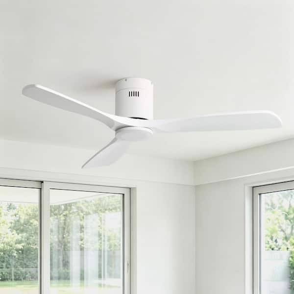 52 in. Indoor/Outdoor Modern Standard Flush Mount White 3-Solid Wood Ceiling Fan with DC Reversible Remote Control