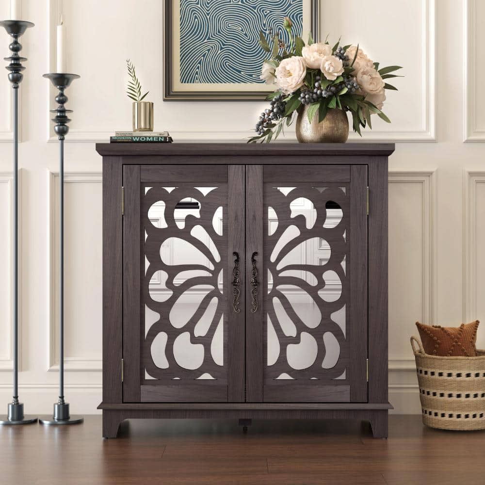 Brown Sideboard and Buffet with 2 Acrylic Mirrored Doors and Shelves