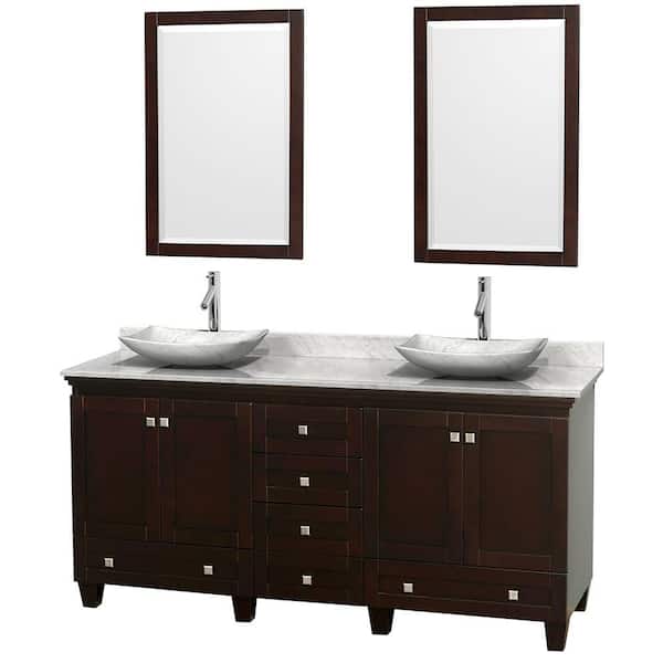 Wyndham Collection Acclaim 72 in. W Double Vanity in Espresso with Marble Vanity Top in Carrara White, White Carrara Sinks and 2 Mirrors