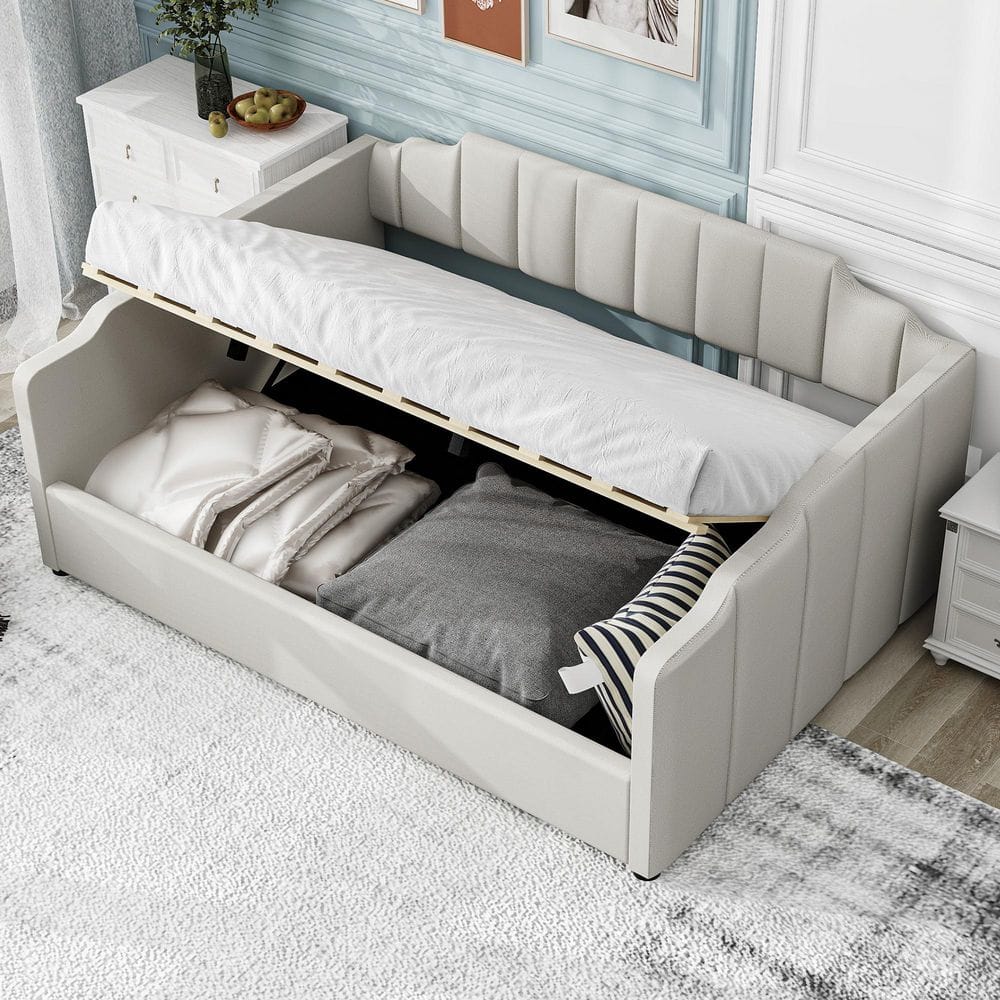 Beige Full Size Wood Upholstered Daybed with Underneath Storage