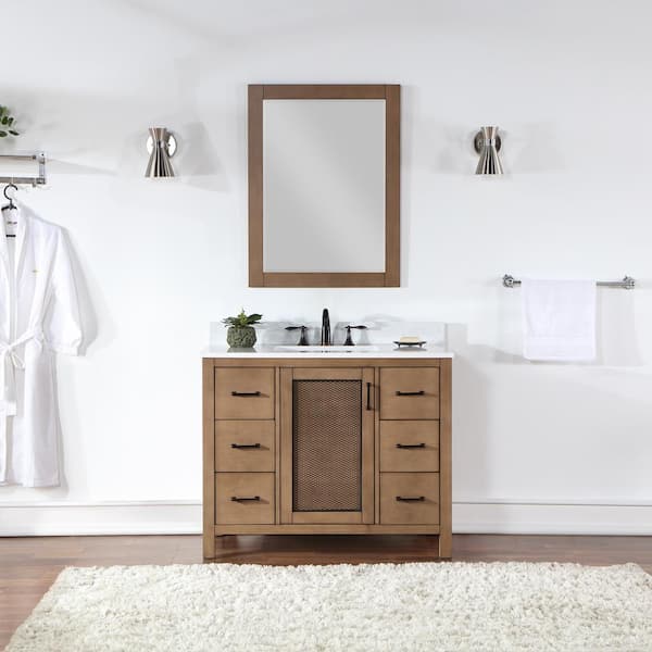 Altair Hadiya 42 in. W x 22 in. D x 34 in. H Single Sink Bath Vanity in Brown Pine with White Composite Stone Top and Mirror