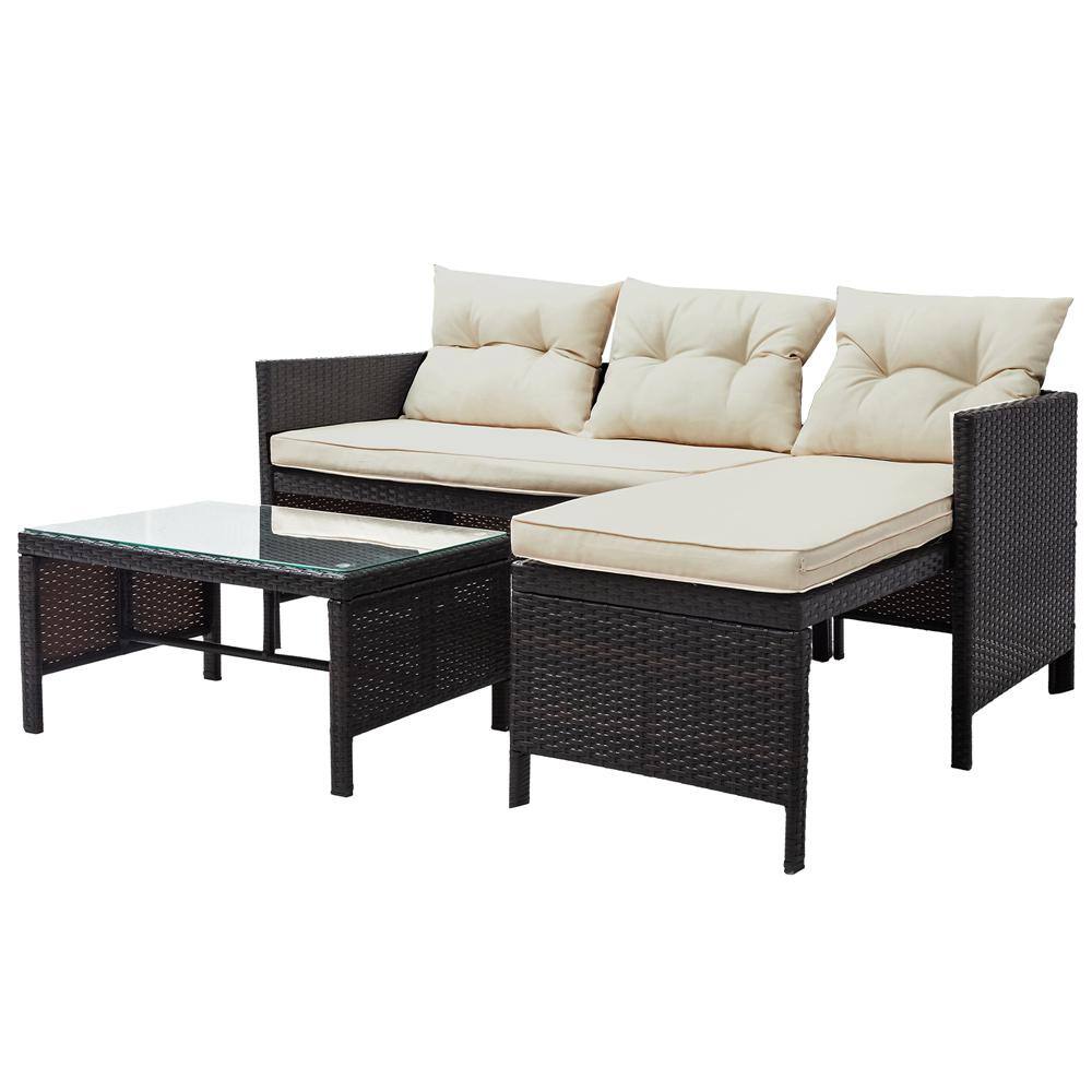 Brown 3-Pieces Rattan Sofa Plastic Outdoor Sectional Set with Cushions ...