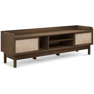 Walnut and Beige TV Stand Entertainment Center Fits TVs up to 65 in. with Adjustable Shelf and Sliding Doors