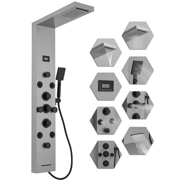 HOMEMYSTIQUE Dual 5-in-One 8-Jet Shower Panel Tower System With Rainfall Waterfall Shower Head,and Massage Body Jets in Black Nickel