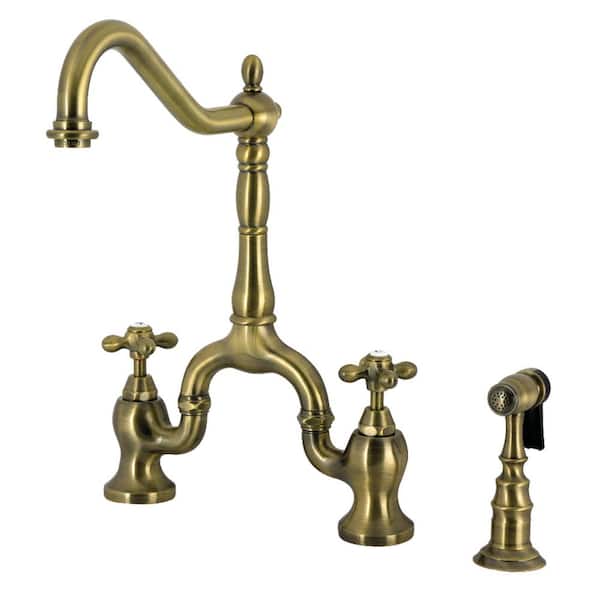 English Country 2-Handle Bridge Kitchen Faucet in Antique Brass