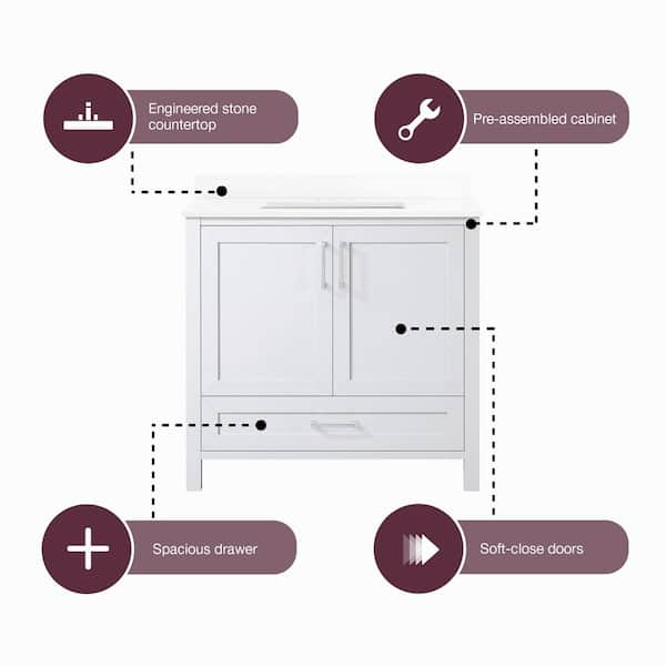 Home Decorators Collection Moorside 36 in. W x 19 in. D x 34 in. H Single Sink  Bath Vanity in Sweet Maple with White Engineered Stone Top Moorside 36SM -  The Home Depot