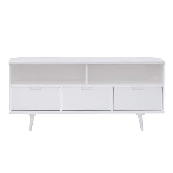 Walker Edison Furniture Company 52 in. White Solid Wood Mid Century Modern Corner TV Stand with 3 Drawers (Max tv size 58 in.)