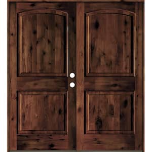 60 in. x 80 in. Rustic Knotty Alder 2-Panel Arch Top Red Mahogony Stain Left-Hand Wood Double Prehung Front Door