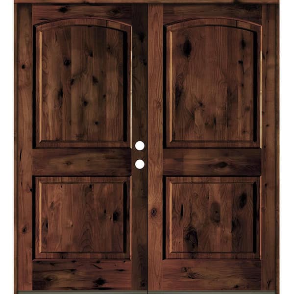 Krosswood Doors 64 in. x 80 in. Rustic Knotty Alder 2-Panel Arch Top Red Mahogony Stain Left-Hand Wood Double Prehung Front Door