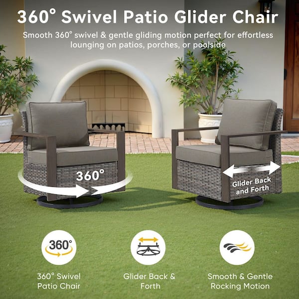 Kove 4-Piece Gray Wicker Outdoor Rocking Chair Patio Conversation Swivel Glider Set with Gray Cushions