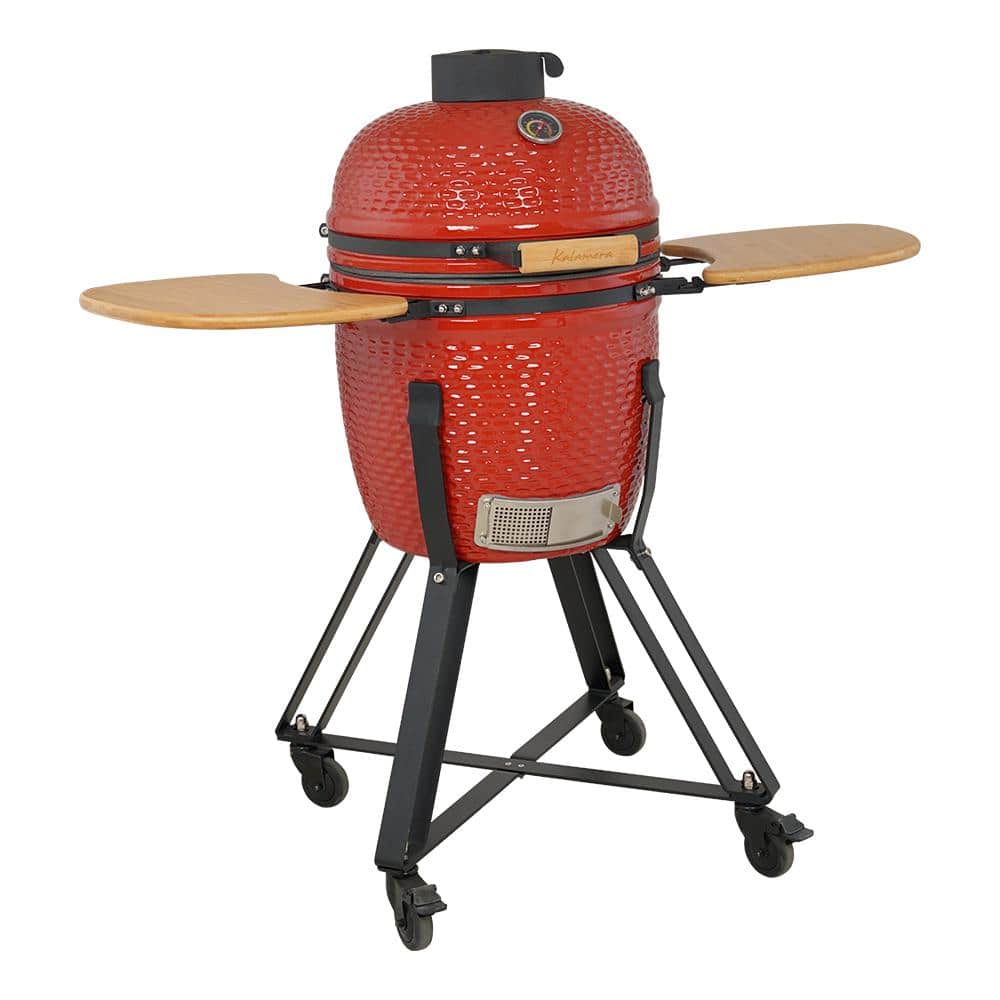 18" Red Ceramic Kamado Charcoal Grill with Folding Shelves