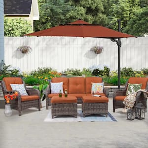 5-Piece Wicker Outdoor Patio Seating Conversation Set Sectional Sofa with Orange Cushions