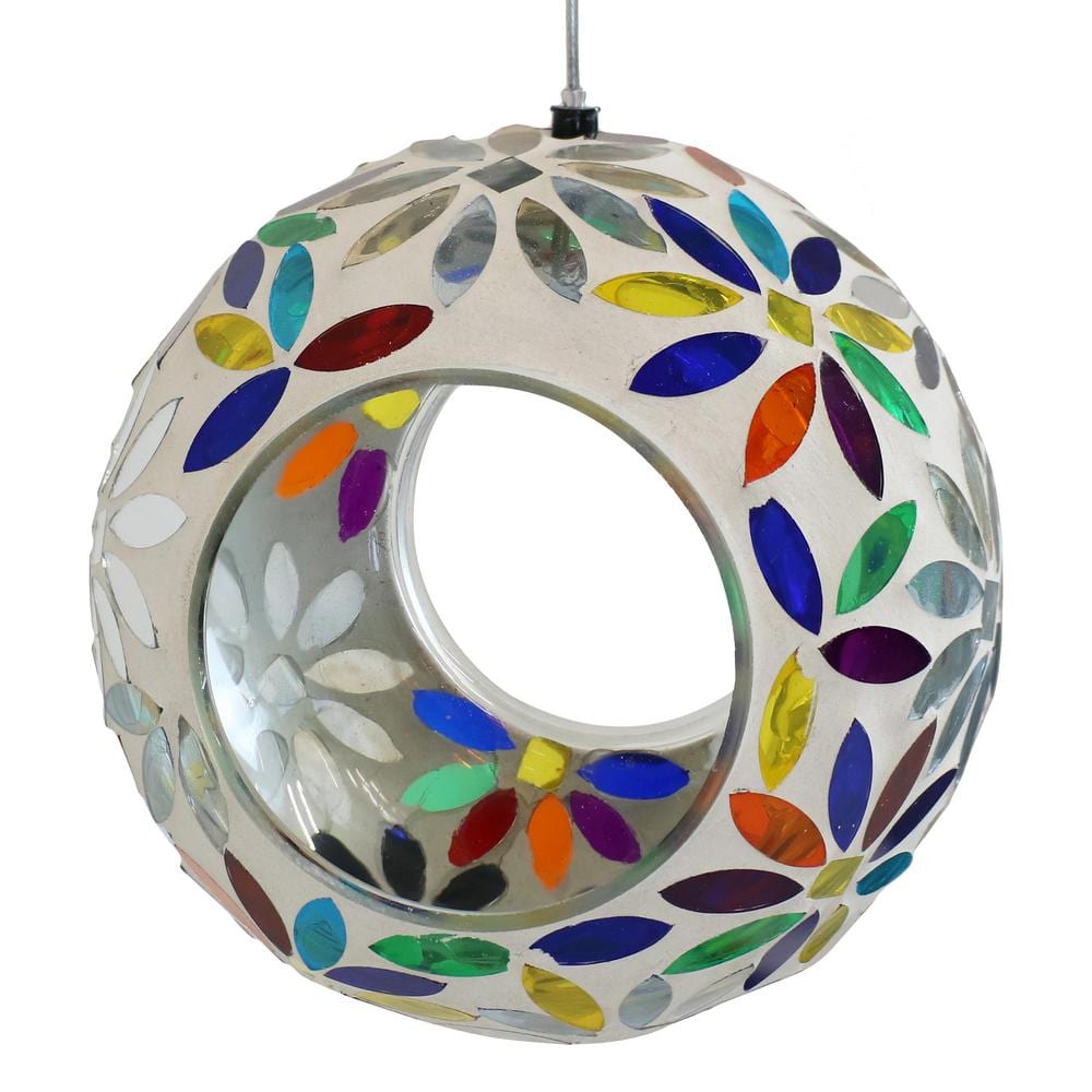 6-Inch Round Glass Mosaic Hanging Bird Feeder with Rainbow Daisies