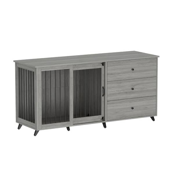 FUFU&GAGA Modern Large Wooden Dog Kennel Furniture Storage Cabinet, Heavy-Duty Dog Cage with 3-Drawers for Large Medium Dogs, Gray